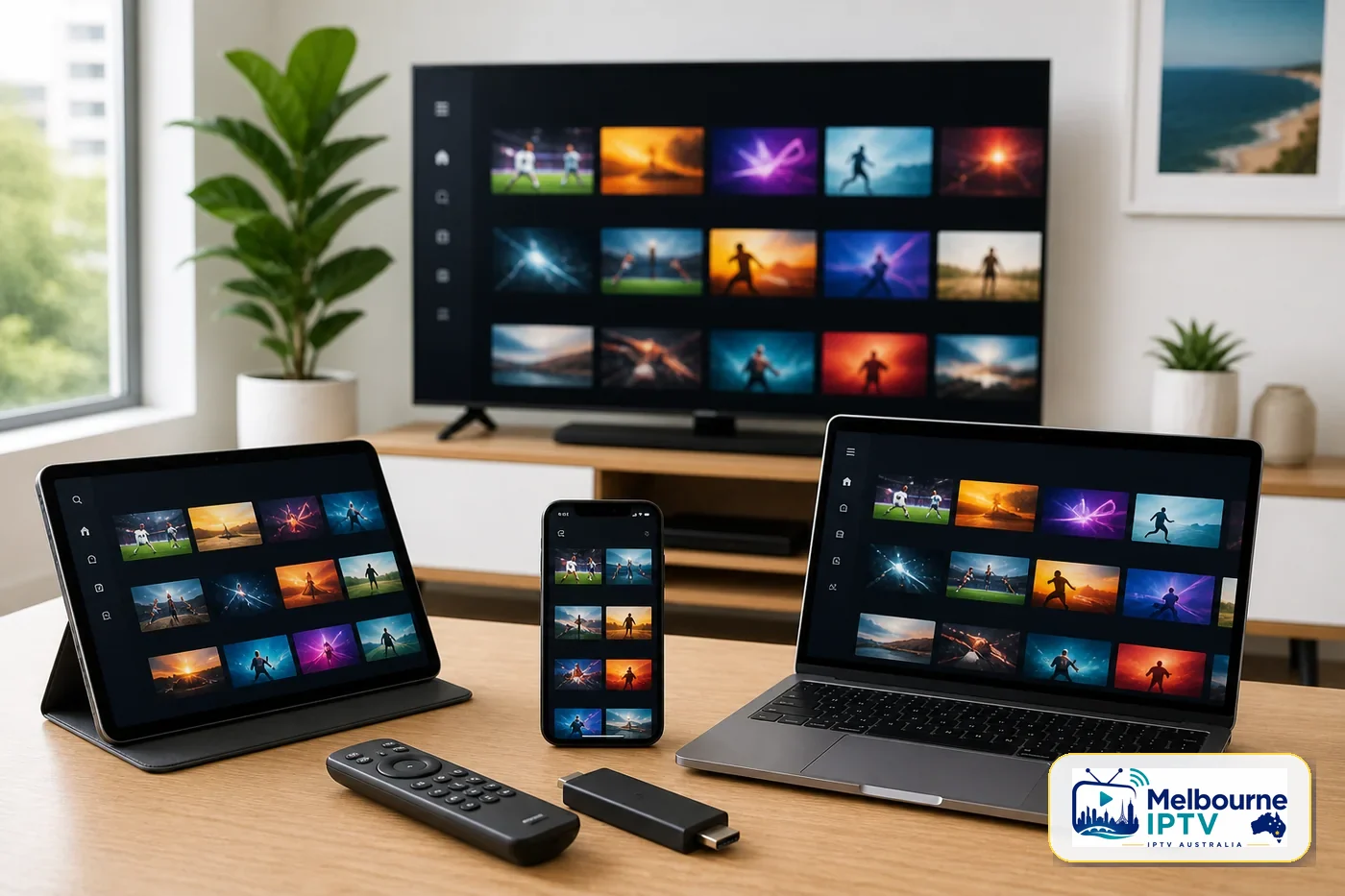 Smart TV, tablet, phone, laptop, and streaming remote showing generic IPTV app screens with Melbourne IPTV logo badge