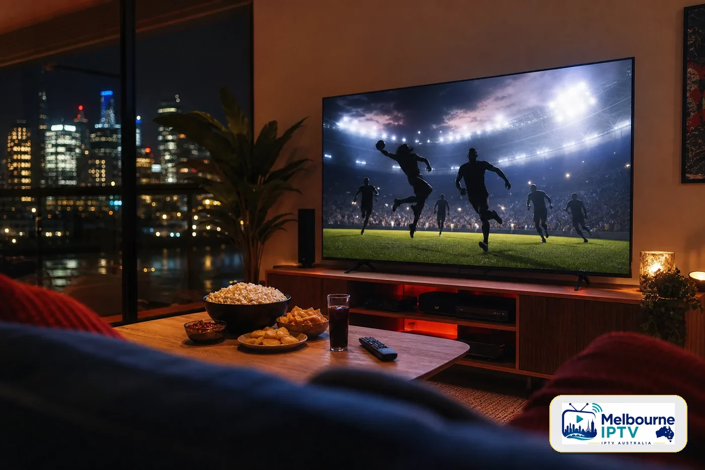 Melbourne lounge room streaming a generic live sport broadcast on IPTV with Melbourne IPTV logo badge