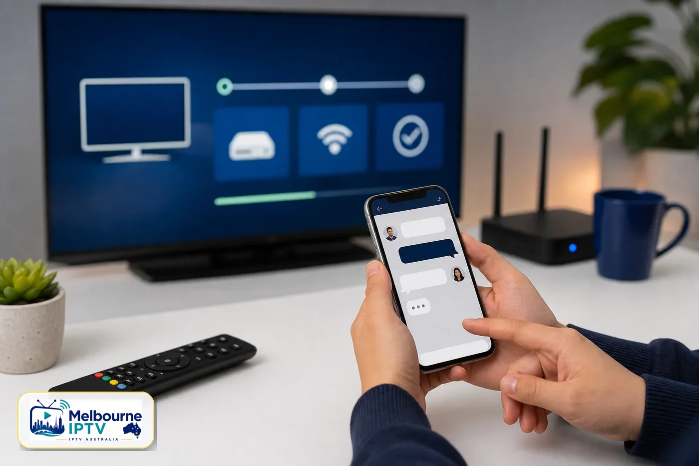 Phone chat support helping configure IPTV on a smart TV with Melbourne IPTV logo badge
