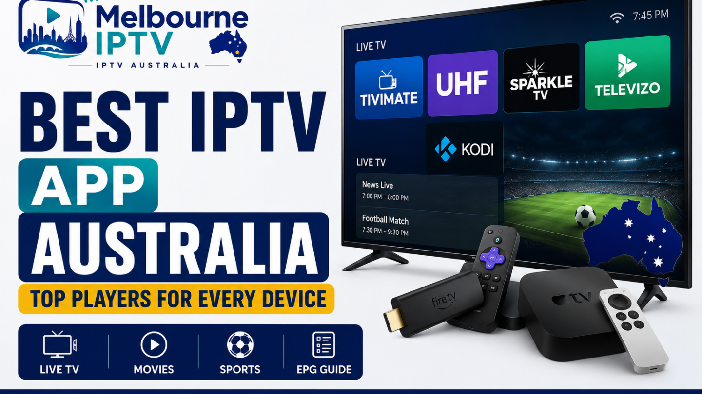 Best IPTV app Australia comparison featuring TiviMate, UHF, Sparkle TV, Televizo and Kodi with the Melbourne IPTV logo.