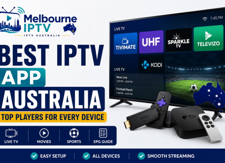 Best IPTV app Australia comparison featuring TiviMate, UHF, Sparkle TV, Televizo and Kodi with the Melbourne IPTV logo.