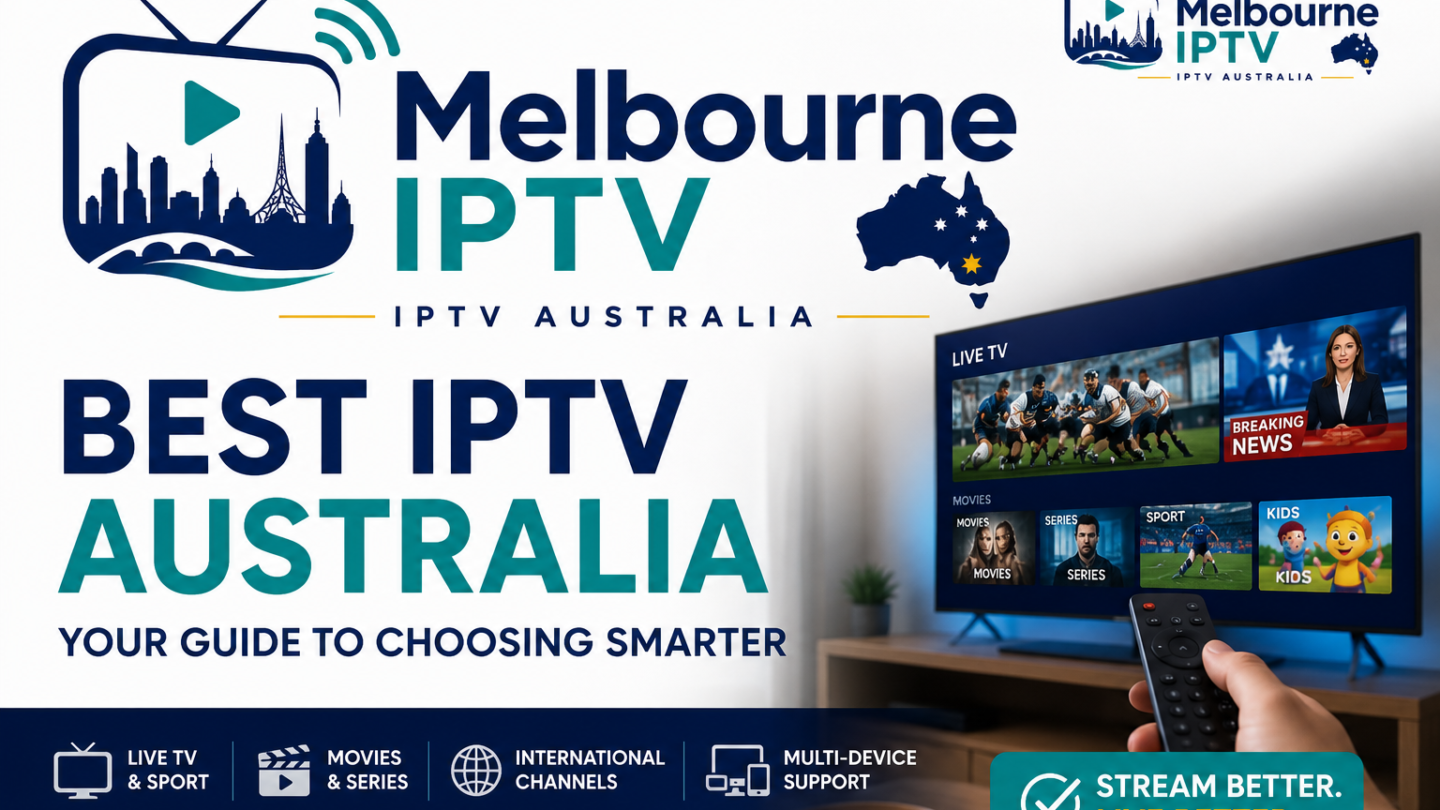 Best IPTV Australia guide thumbnail featuring the Melbourne IPTV logo, Australian map and a smart TV displaying live TV, sport, movies and series.
