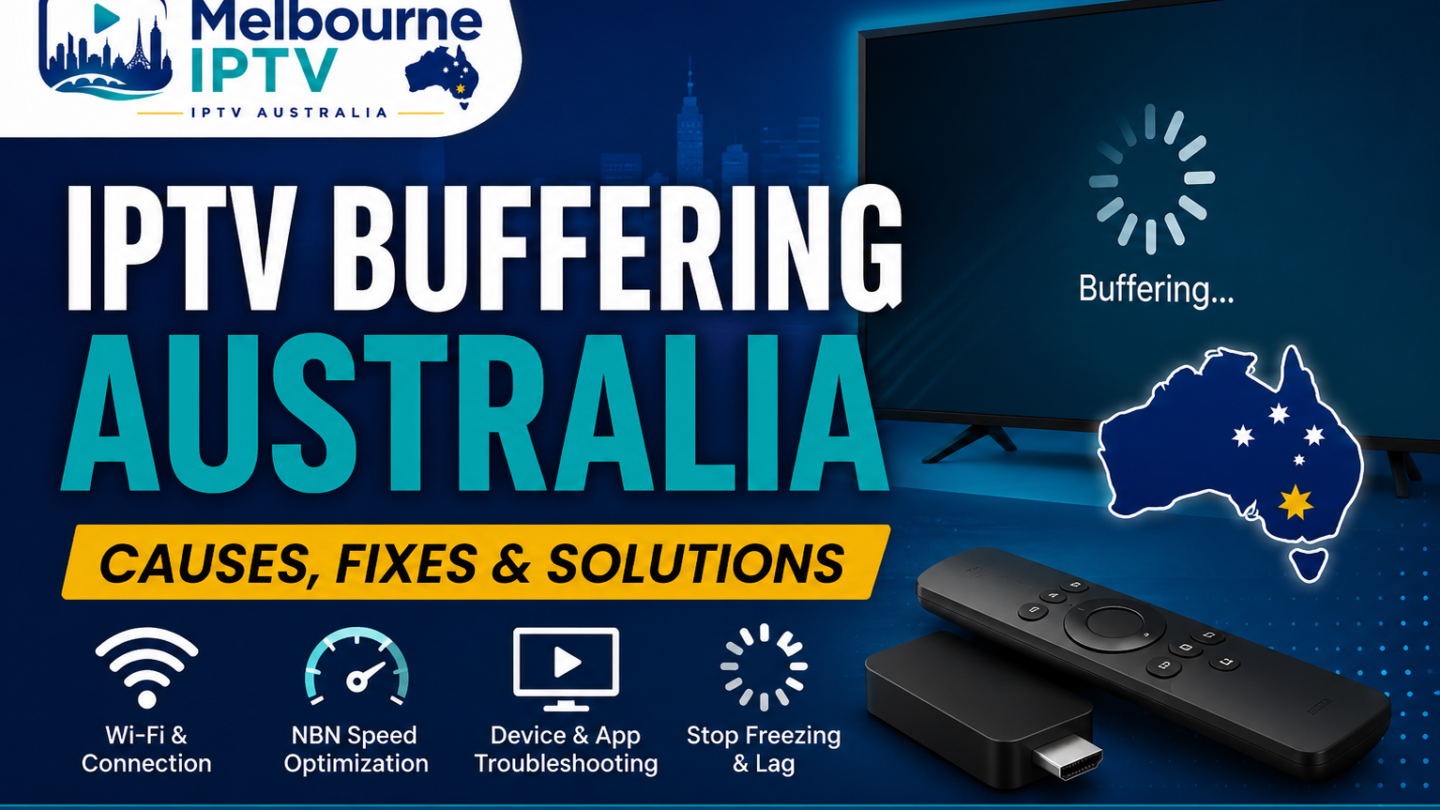 IPTV buffering Australia troubleshooting guide with Melbourne IPTV logo, loading television, Wi-Fi, NBN speed and streaming device icons.