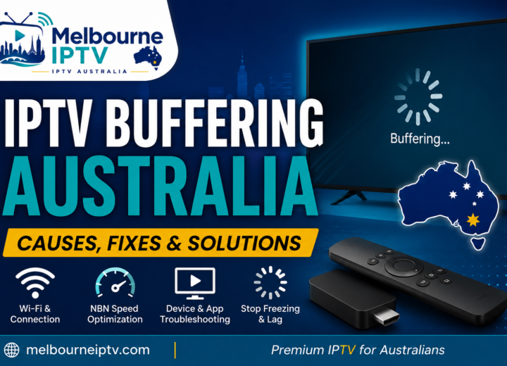 IPTV buffering Australia troubleshooting guide with Melbourne IPTV logo, loading television, Wi-Fi, NBN speed and streaming device icons.
