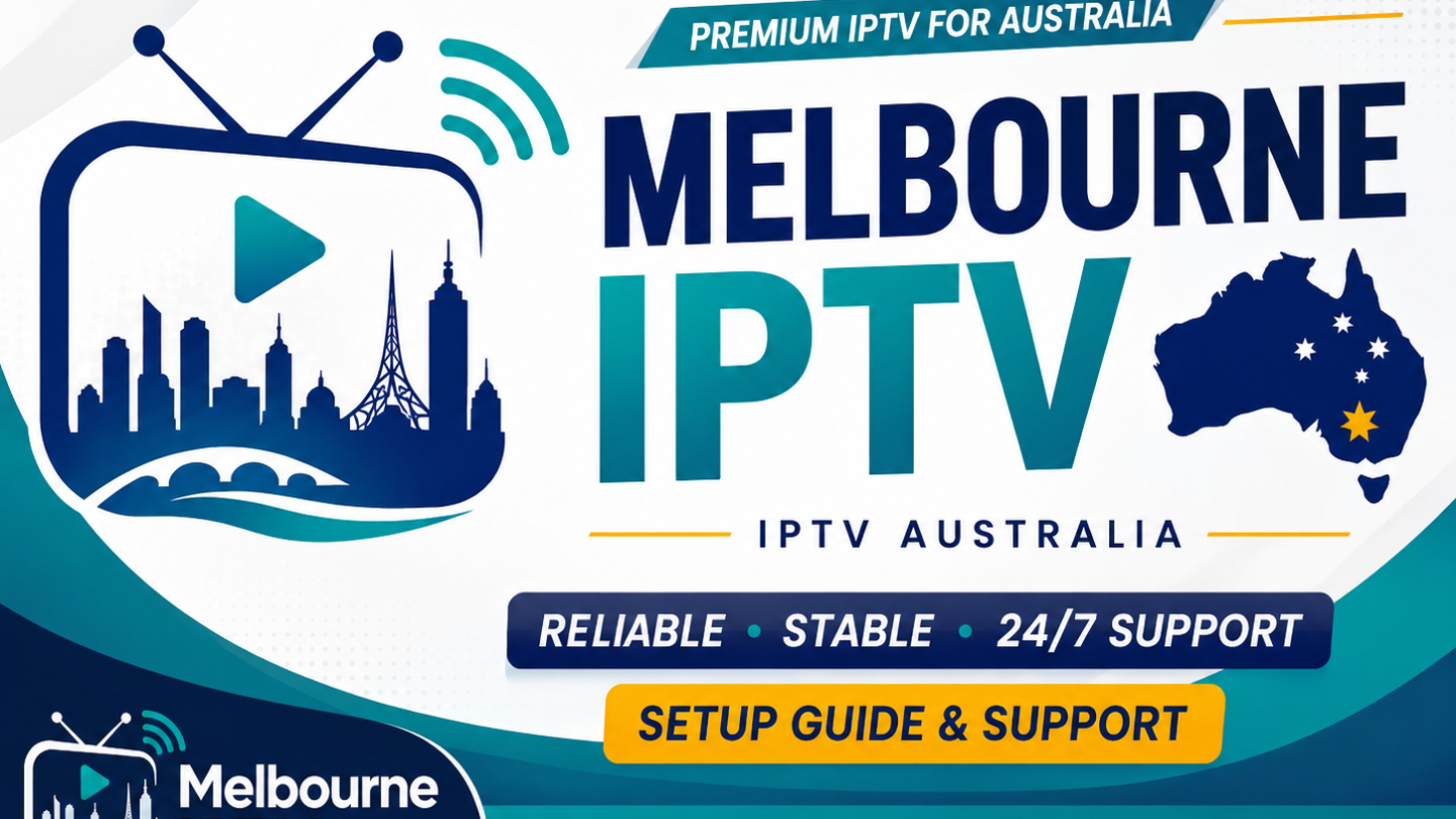 Melbourne IPTV Australia setup guide thumbnail featuring the Melbourne IPTV logo, Australian map, live TV, movies, sports and multi-device support.