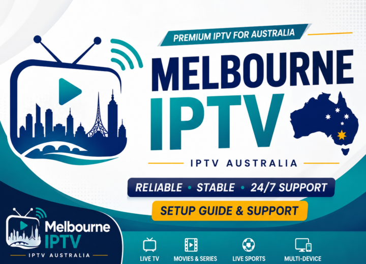 Melbourne IPTV Australia setup guide thumbnail featuring the Melbourne IPTV logo, Australian map, live TV, movies, sports and multi-device support.
