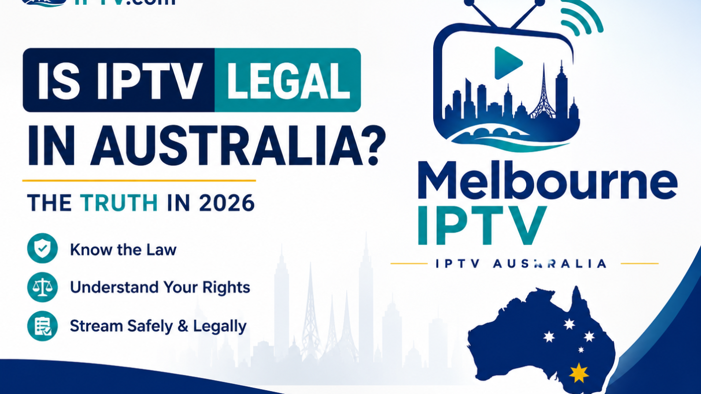 Is IPTV legal in Australia in 2026 guide featuring the Melbourne IPTV logo, Australian map and safe streaming icons.